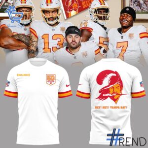 Detailed fabric and stitching showing 1 Tampa Bay Buccaneers 50 Seasons Shirt