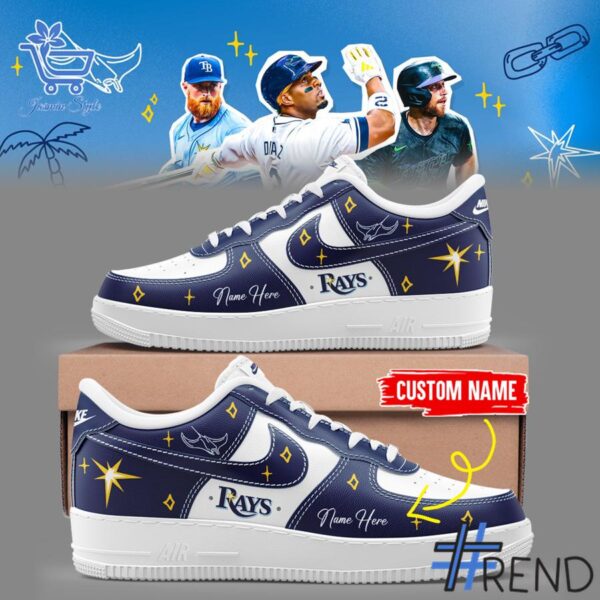 Detailed fabric and stitching showing 1 Tampa Bay Rays custom Air Force Shoes