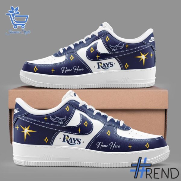 Detailed fabric and stitching showing 2 Tampa Bay Rays custom Air Force Shoes