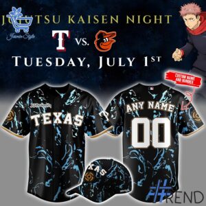 Close-up view of the Texas Rangers Jujutsu Kaisen Night Baseball Jersey print