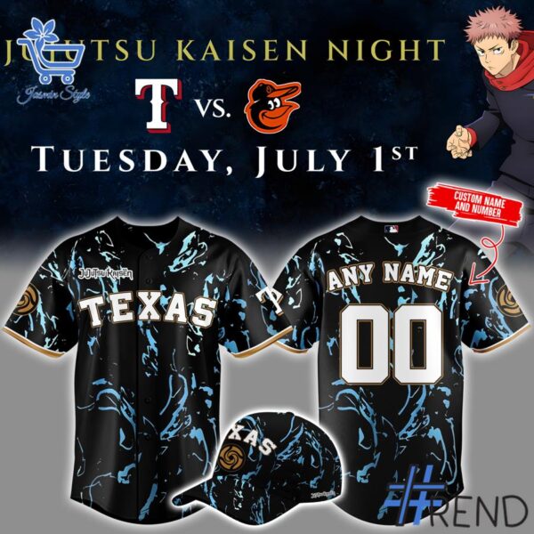 Close-up view of the Texas Rangers Jujutsu Kaisen Night Baseball Jersey print