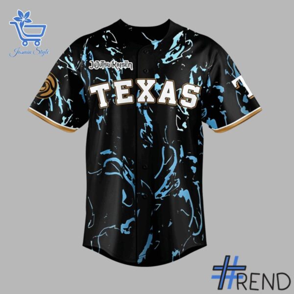 Close-up view of the Texas Rangers Jujutsu Kaisen Night Baseball Jersey print