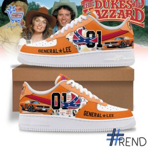 Detailed shot of The Dukes of Hazzard General Lee Air Force Shoes on classic Nike Air Force silhouette