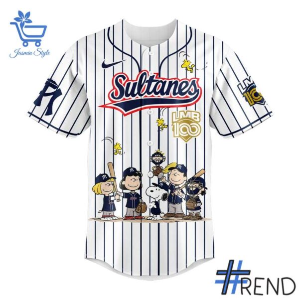 Custom look featuring the signature The Leones de Yucatan Anos De Historia Peanuts Night Jersey design