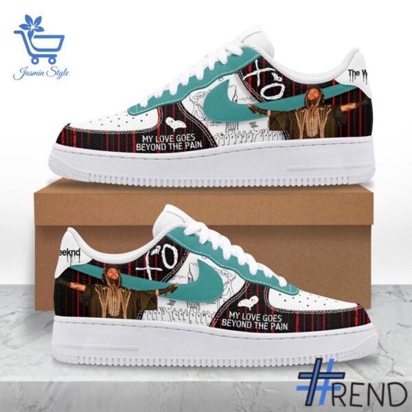 Close-up view of the The Weeknd Dancing In The Flames Air Force Shoes print