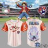 Street-style look featuring the unique Tigres de Quintana Roo One Piece Luffy Gear Baseball Jersey artwork