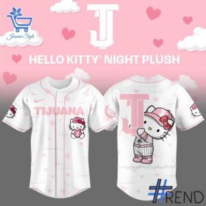 Street-style look featuring the unique Tijuana Toros Hello Kitty Night Baseball Jersey artwork