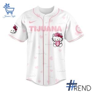 Street-style look featuring the unique Tijuana Toros Hello Kitty Night Baseball Jersey artwork