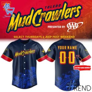 Detailed view of the 1 Toledo Mud Crawlers 2025 Baseball Jersey print on fabric