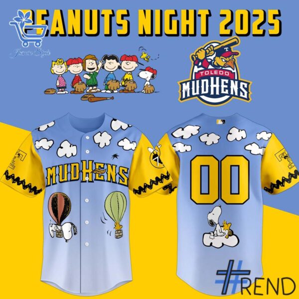 Detailed fabric and stitching showing 1 Toledo Mud Hens 2025 Peanuts Night Jersey