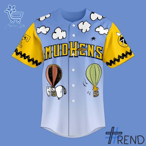 Detailed fabric and stitching showing 2 Toledo Mud Hens 2025 Peanuts Night Jersey