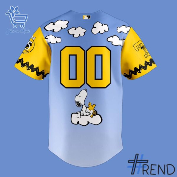 Detailed fabric and stitching showing 3 Toledo Mud Hens 2025 Peanuts Night Jersey