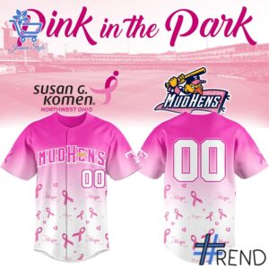 Close-up of the 1 Toledo Mud Hens 2025 Pink in the Park Jersey showing detailed design and vibrant colors.