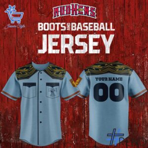 Close-up of the 1 Toledo Mud Hens Boots & Baseball jersey showing detailed design and vibrant colors.
