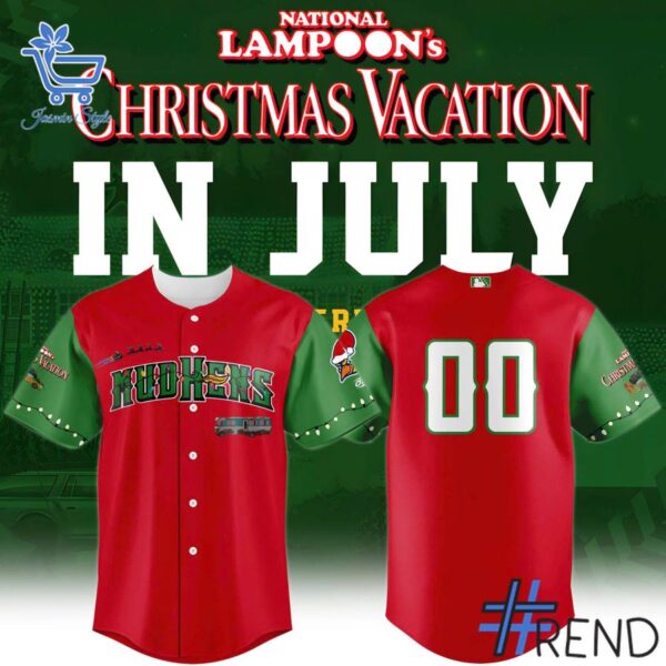 Close-up of the 1 Toledo Mud Hens July in Christmas 2025 jersey showing detailed design and vibrant colors.