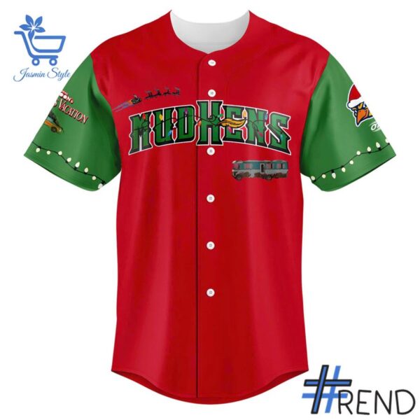 Close-up of the 2 Toledo Mud Hens July in Christmas 2025 jersey showing detailed design and vibrant colors.