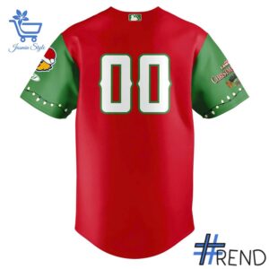Close-up of the 3 Toledo Mud Hens July in Christmas 2025 jersey showing detailed design and vibrant colors.