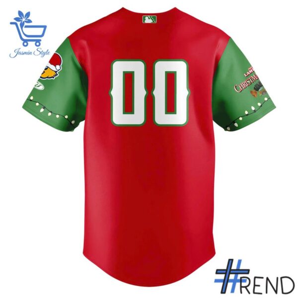 Close-up of the 3 Toledo Mud Hens July in Christmas 2025 jersey showing detailed design and vibrant colors.