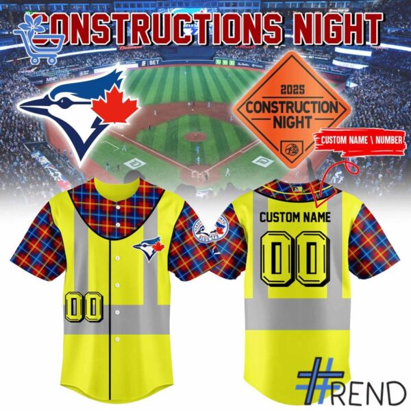 Detailed view of the 1 Toronto Blue Jays x 2025 Construsction Night Jersey print on fabric
