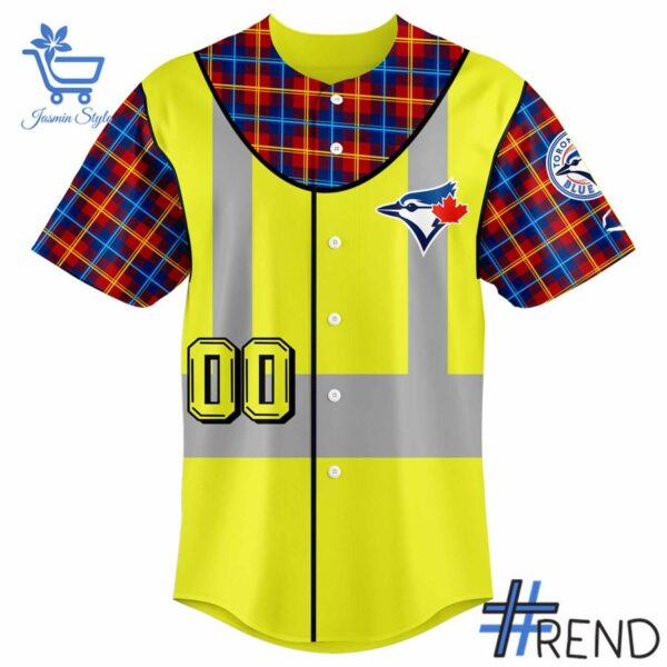 Detailed view of the 2 Toronto Blue Jays x 2025 Construsction Night Jersey print on fabric