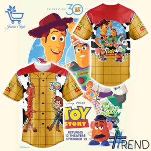 Detailed fabric and stitching showing 1 Toy Story 30th Anniversary Baseball Jersey