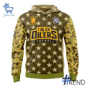 Street-style look featuring the unique Tulsa Oilers Military Appreciation Night Hoodie artwork