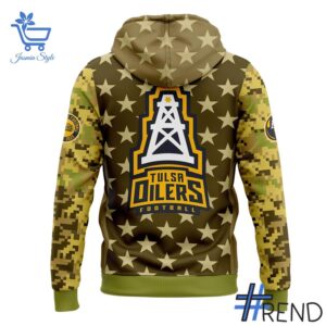 Street-style look featuring the unique Tulsa Oilers Military Appreciation Night Hoodie artwork