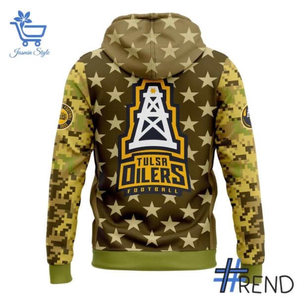 Street-style look featuring the unique Tulsa Oilers Military Appreciation Night Hoodie artwork