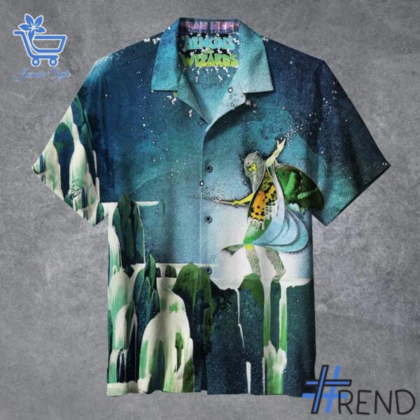 Close-up view of the Uriah Heep Demons & Wizards Hawaiian Shirt print