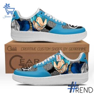Detailed shot of Vegeta Super Saiyan Blue Dragon Ball Air Force Shoes on classic Nike Air Force silhouette
