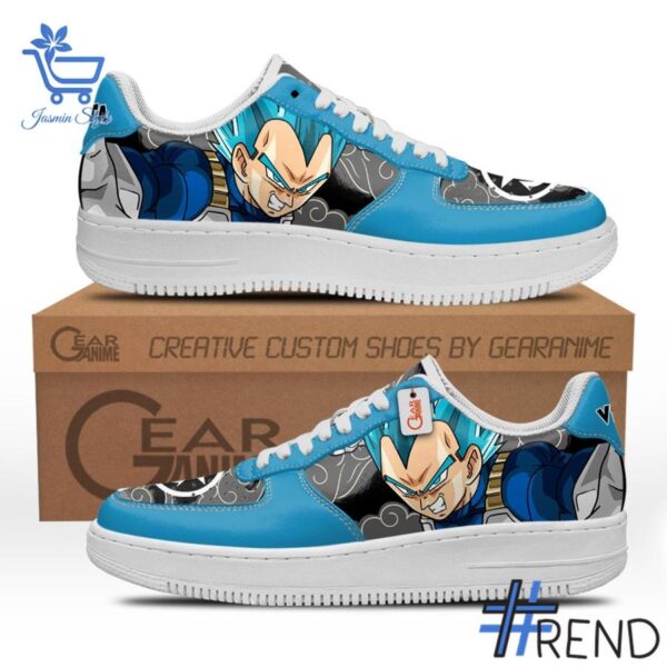 Detailed shot of Vegeta Super Saiyan Blue Dragon Ball Air Force Shoes on classic Nike Air Force silhouette