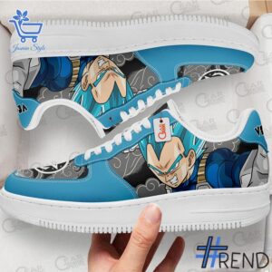 Detailed shot of Vegeta Super Saiyan Blue Dragon Ball Air Force Shoes on classic Nike Air Force silhouette