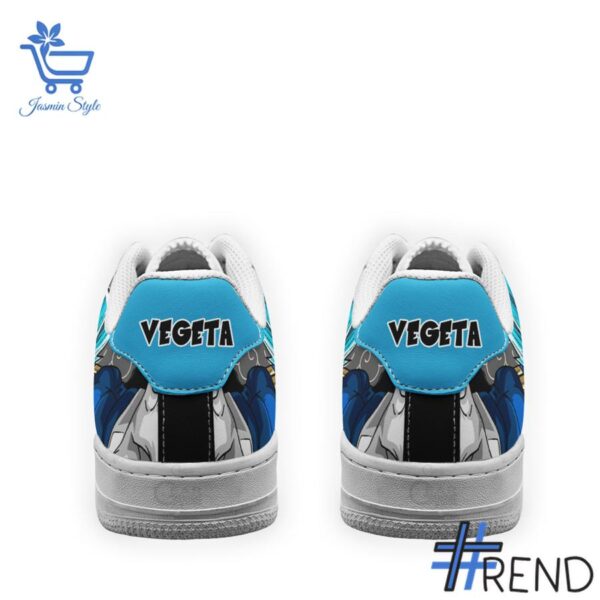 Detailed shot of Vegeta Super Saiyan Blue Dragon Ball Air Force Shoes on classic Nike Air Force silhouette