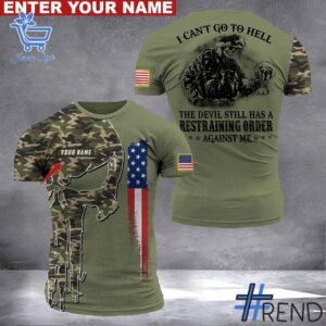 Veteran Punisher I Can't Go To Hell Shirt design displayed on high-quality clothing fabric