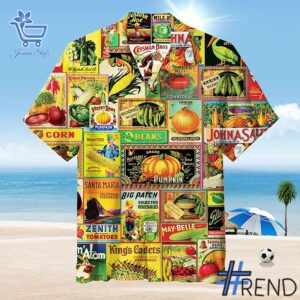 Custom apparel with the bold Vintage Seed Packets Hawaiian Shirt design