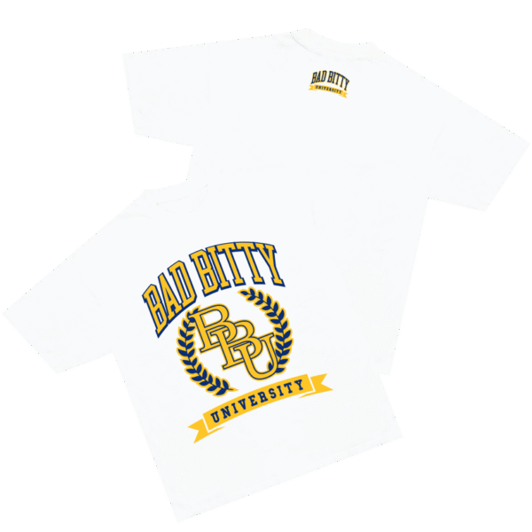 The Bad Bitty University T Shirt brings a timeless classic into today’s style