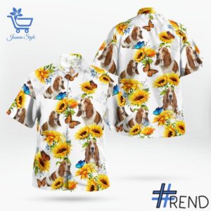 The 1 Basset Hound and Sunflower Hawaiian shirt delivers iconic streetwear energy.
