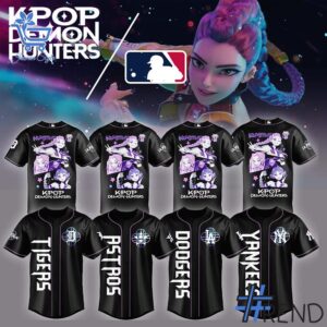 Layered outfit featuring 1 Choose Your MLB Team KPop Demon Hunters Huntrx Baseball Jersey as the key piece