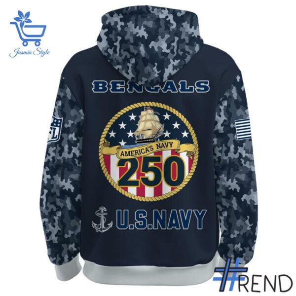 3 Cincinnati Bengals Navy 250th Birthday Hoodie designed with a clean aesthetic for everyday wear