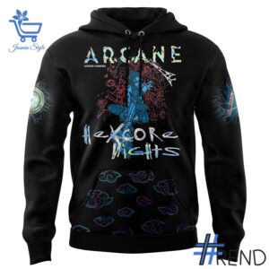 Layered outfit featuring 2 Hexcore Nights Piltover Pullover Arcane Hoodie as the key piece