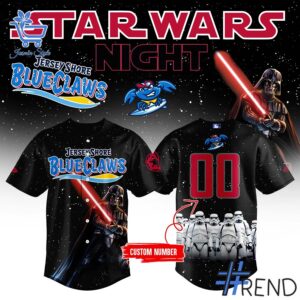 Layered outfit featuring 1 Jersey Shore BlueClaws Star War 2025 Baseball Jersey as the key piece