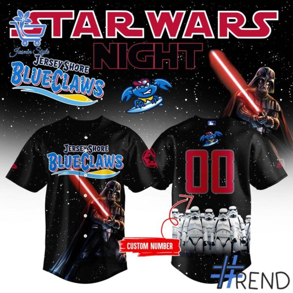 Layered outfit featuring 1 Jersey Shore BlueClaws Star War 2025 Baseball Jersey as the key piece
