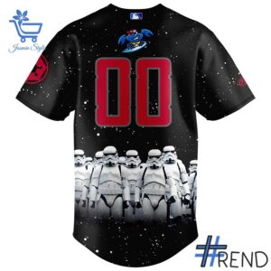 Layered outfit featuring 3 Jersey Shore BlueClaws Star War 2025 Baseball Jersey as the key piece