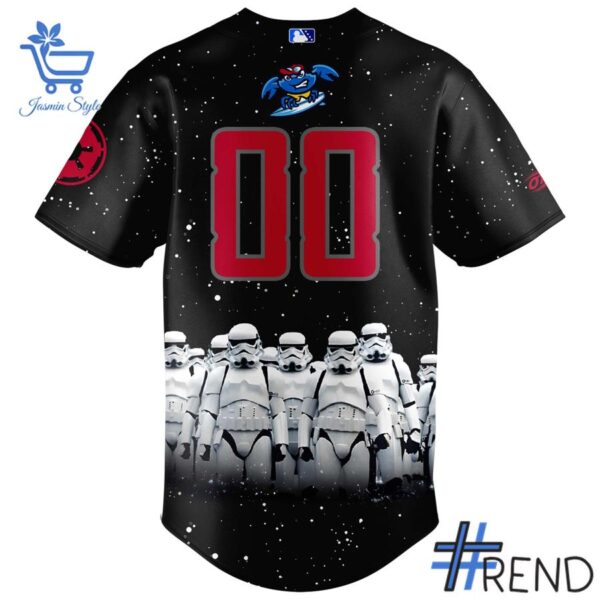 Layered outfit featuring 3 Jersey Shore BlueClaws Star War 2025 Baseball Jersey as the key piece