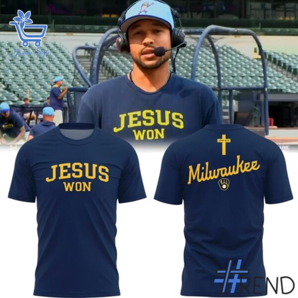 1 Jesus Won Milwaukee Brewers 2025 Shirt featuring a bold design for everyday confidence.