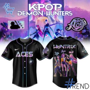 Layered outfit featuring 1 KPop Demon Hunters ACES Baseball Jersey as the key piece