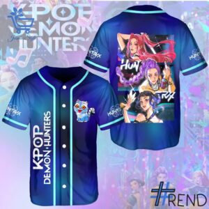 Layered outfit featuring KPop Demon Hunters Derpy Huntrx Baseball Jersey as the key piece