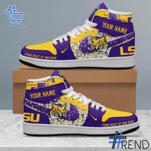 Level up your look with the bold style of 2 LSU Tigers Stand Right Up and Roar Air Jordan Shoes.