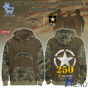 1 Los Angeles Chargers US Army 250th Birthday Hoodie designed with a clean aesthetic for everyday wear