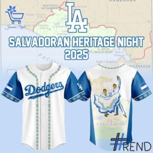Layered outfit featuring 1 Los Angeles Dodgers Salvadoran Heritage Night 2025 jersey as the key piece